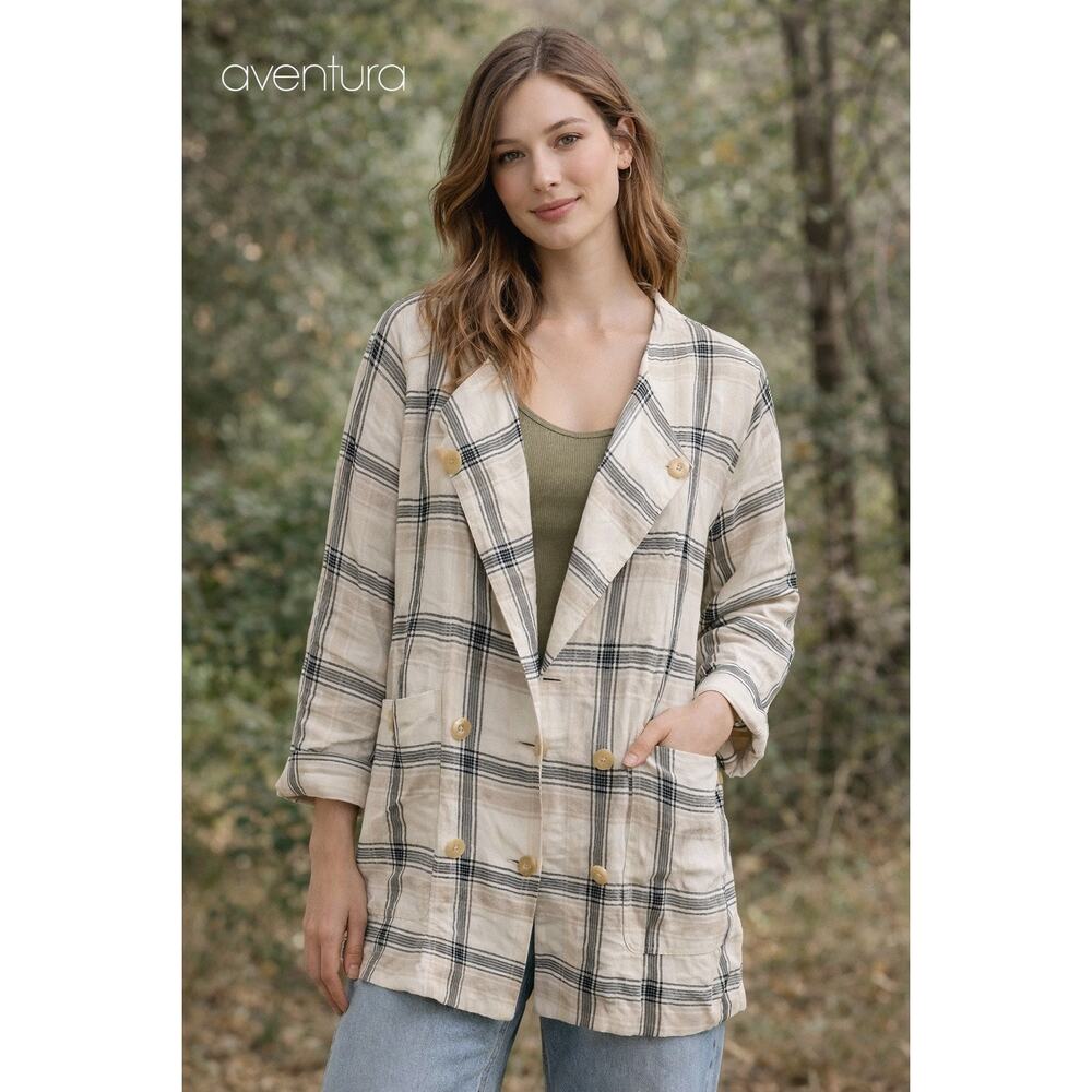 Aventura Plaid Lightweight Jacket Tunic Linen Sz 36 Lagenlook Sustainable Artsy